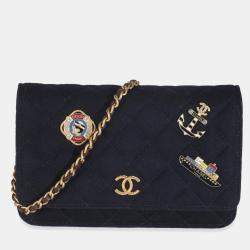 Chanel Navy Blue Quilted Felt Paris-Hamburg Charms Wallet On Chain