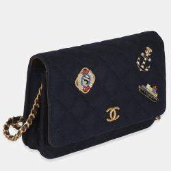 Chanel Navy Blue Quilted Felt Paris-Hamburg Charms Wallet On Chain