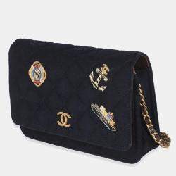 Chanel Navy Blue Quilted Felt Paris-Hamburg Charms Wallet On Chain