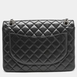Pre Owned Chanel Black Quilted Lambskin Leather Maxi Classic Double Flap Bag