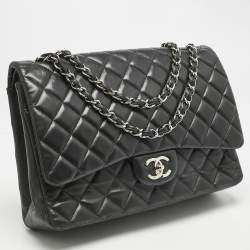 Pre Owned Chanel Black Quilted Lambskin Leather Maxi Classic Double Flap Bag