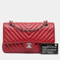 Chanel Red Classic Chevron Caviar Medium  Double Flap Bag