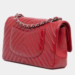 Chanel Red Classic Chevron Caviar Medium  Double Flap Bag