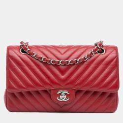 Chanel Red Classic Chevron Caviar Medium  Double Flap Bag