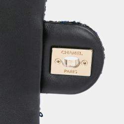 Pre Owned Chanel Navy Blue Medium Tweed Pearl Handle Flap