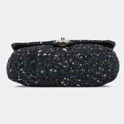Pre Owned Chanel Navy Blue Medium Tweed Pearl Handle Flap