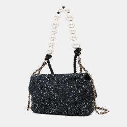 Pre Owned Chanel Navy Blue Medium Tweed Pearl Handle Flap