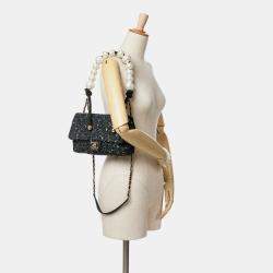 Pre Owned Chanel Navy Blue Medium Tweed Pearl Handle Flap