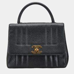Pre Owned Chanel Black Leather Vertical Quilt Top Handle Bag