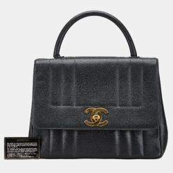 Pre Owned Chanel Black Leather Vertical Quilt Top Handle Bag