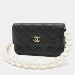 Chanel Black Leather Pearl Chain Wallet