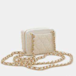Chanel White Tweed Ribbon Mini Chain Wallet Coin Case 