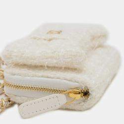 Chanel White Tweed Ribbon Mini Chain Wallet Coin Case 