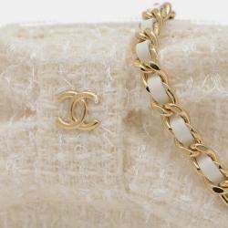 Chanel White Tweed Ribbon Mini Chain Wallet Coin Case 