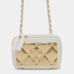 Chanel White Lambskin Quilted Mini Golden Plate Clutch With Chain 