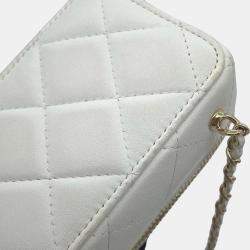 Chanel White Lambskin Quilted Mini Golden Plate Clutch With Chain 