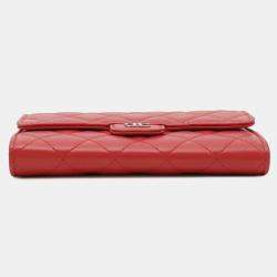 Pre Owned Chanel Red Lambskin Quilted Wallet On Chain 