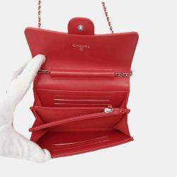 Pre Owned Chanel Red Lambskin Quilted Wallet On Chain 