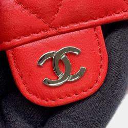 Pre Owned Chanel Red Lambskin Quilted Wallet On Chain 