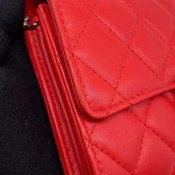 Pre Owned Chanel Red Lambskin Quilted Wallet On Chain 