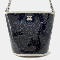 Chanel Black/White Camellia Bucket Vinyl Chain Shoulder Bag 