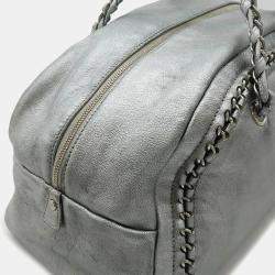 Chanel Silver Metallic Leather Luxe Ligne Medium Bowler Bag