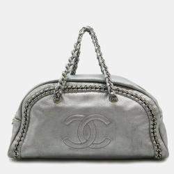 Chanel Silver Metallic Leather Luxe Ligne Medium Bowler Bag