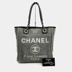 Chanel Deauville Pm Tote Bag Shoulder Canvas Grey