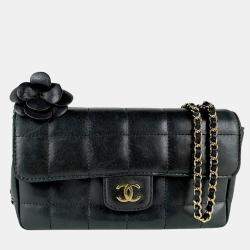 Pre Owned Chanel Black Lambskin Quilted Mini Chocolate Bar Camellia Flap Bag