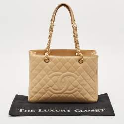 Chanel Cream Quilted Caviar Leather Grand Shopper Tote