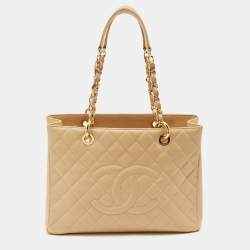 Chanel Cream Quilted Caviar Leather Grand Shopper Tote