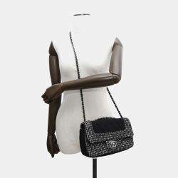 Pre Owned Chanel Black and White Tweed Cotton Jersey Flap Chain Shoulder Bag