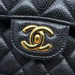 Pre Owned Chanel Black Caviar Leather Matelasse Double Flap Chain shoulder Bag 