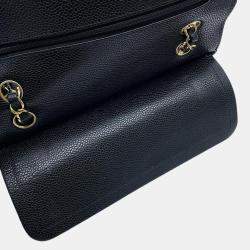 Pre Owned Chanel Black Caviar Leather Matelasse Double Flap Chain shoulder Bag 