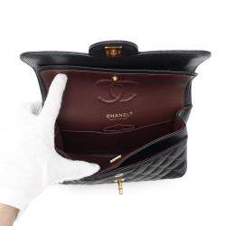 Pre Owned Chanel Black Caviar Leather Matelasse Double Flap Chain shoulder Bag 