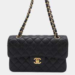 Pre Owned Chanel Black Caviar Leather Matelasse Double Flap Chain shoulder Bag 