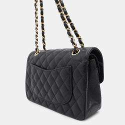 Pre Owned Chanel Black Caviar Leather Matelasse Double Flap Chain shoulder Bag 