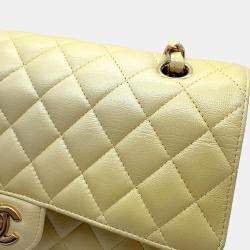 Pre Owned Chanel Matelasse Double Flap Chain shoulder Bag Metalic yellow Calf Leather Size 25