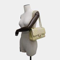 Pre Owned Chanel Matelasse Double Flap Chain shoulder Bag Metalic yellow Calf Leather Size 25