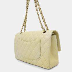 Pre Owned Chanel Matelasse Double Flap Chain shoulder Bag Metalic yellow Calf Leather Size 25