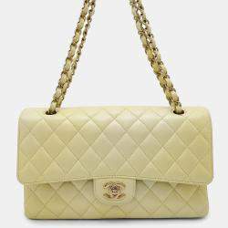 Pre Owned Chanel Matelasse Double Flap Chain shoulder Bag Metalic yellow Calf Leather Size 25
