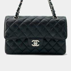 Pre Owned  Chanel  Black Caviar Leather Small Classic Flap Chain Shoulder Bag