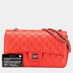 Pre Owned Chanel Red Lambskin Classic Perforated Medium Single Flap Bag
