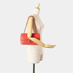 Pre Owned Chanel Red Lambskin Classic Perforated Medium Single Flap Bag