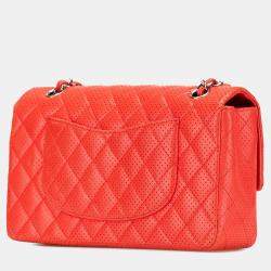 Pre Owned Chanel Red Lambskin Classic Perforated Medium Single Flap Bag