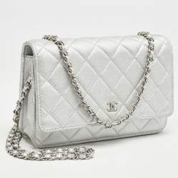 Chanel Silver Quilted Leather CC Wallet On Chain