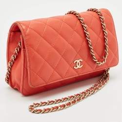 Chanel Orange Quilted Leather CC Wallet On Chain