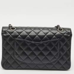 Pre Owned حقيبة شانيل كلاسيك جلد كافيار أسود مبطن متوسطة بق لاب مزدوج