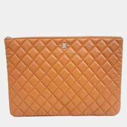 Chanel Orange Leather Caviar Large Clutch