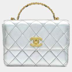 Chanel Silver Leather rainbow top handle chain bag